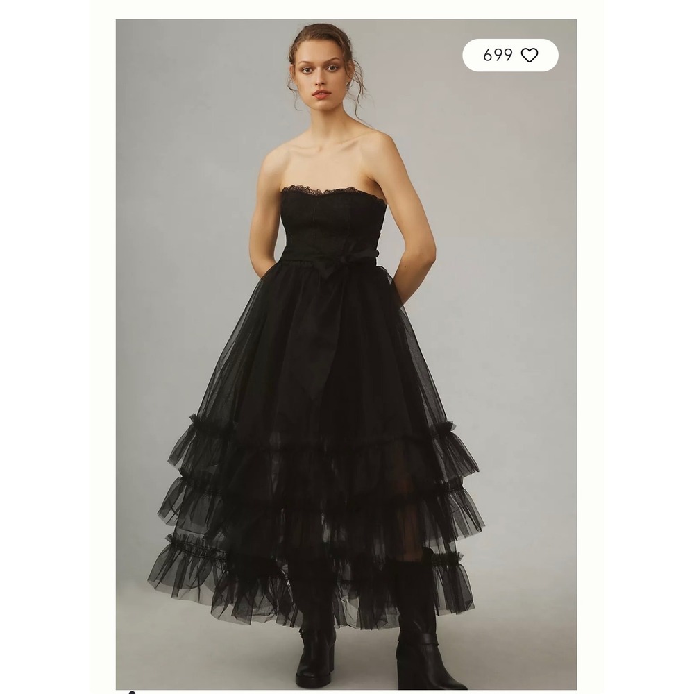 PilcrBlack Strapless Tiered Tulle Lace Midi Dress Smocked Back Smallo